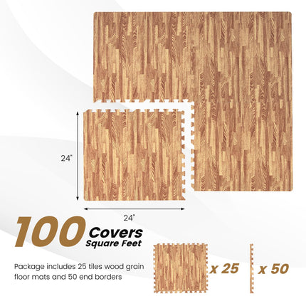 Dreamade 25 Pcs 24"x24" Faux Wood Grain EVA Foam Tiles with 50 Borders