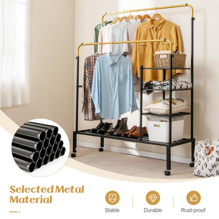Dreamade Double Rods Garment Rack with Wheels, Clothing Rack w/ 2 Hanging Height Adjustable Rods, Side Mesh Racks