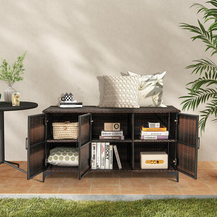 Dreamade 84-Gallon Wicker Deck Box - Patio Storage Cabinet, 3-Door PE Rattan Storage Container with Removable Shelves