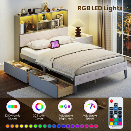 Dreamade Gray Full Size Bed Frame with Upholstered Bookcase Headboard