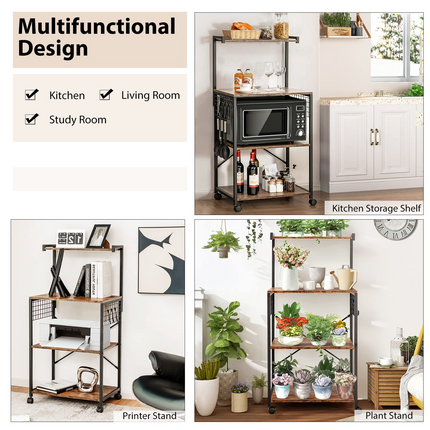 Dreamade Kitchen Baker Rack on Wheels, Industrial Utility Storage Shelf, with 3 Hooks (Rustic Brown)