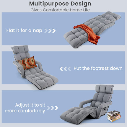 Dreamade Foldable Lazy Sofa Bed, 6-Position Adjustable Floor Chair Chaise Lounge with Armrest and Footrest (Gray)