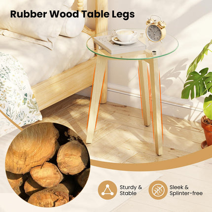 Dreamade Glass Round Side Table w/Tempered Glass Top & Rubber Wood Frame