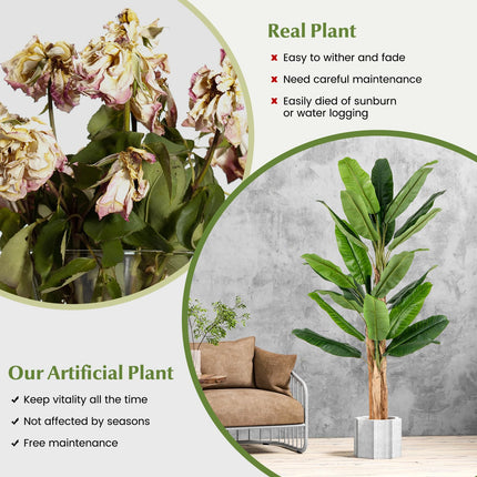 Dreamade 6.5 FT Tall Artificial Banana Tree, Fake Banana Tree w/ 27 Large Leaves, Triple Stalks, Natural Bark