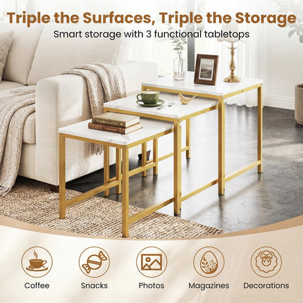 Dreamade Nesting Coffee Table Set of 3 | Faux Marble Coffee Table with Metal Frame
