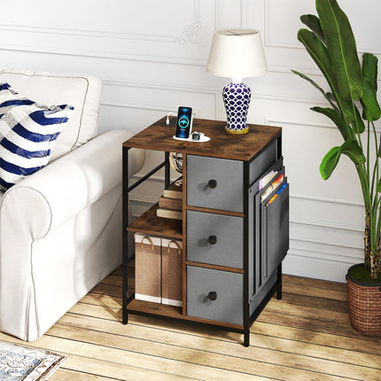 Dreamade Industrial Nightstand with Charging Station - End Side Table w/3 Fabric Drawers