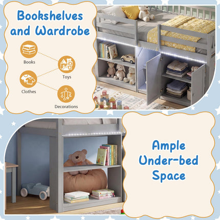 Dreamade Low Loft Bed Twin Size with LED Lights, Wooden Bed Frame