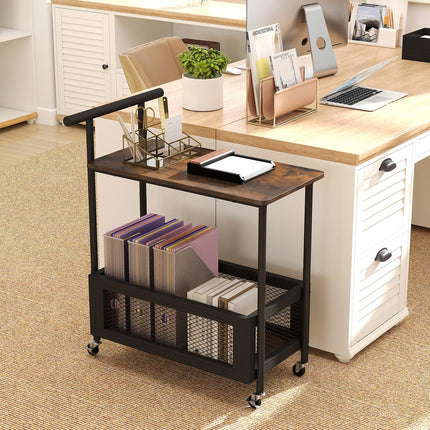 Dreamade Rolling End Table with Handle 2-Tier Sofa Side Table with Open Shelf & Mesh Basket