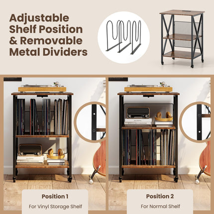 Dreamade Record Player Stand with Charging Station Turntable Stand with Record Storage & 4 Rolling Wheels