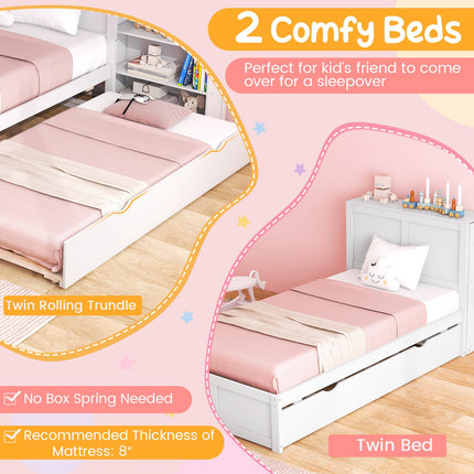 Dreamade Full Bed Frame with Twin Trundle, Wooden Bed Wooden Bed Frame with 2 Rolling Bookcases & High Headboard
