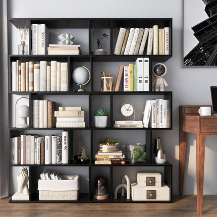 Dreamade 5-Tier Geometric Bookshelf, 62.5" Tall Wood S-Shaped Bookcase with Anti-Tipping Device