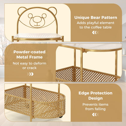 Dreamade Mobile Glass Coffee Table, 2-Tier Modern Cocktail Table with Bear Pattern, Storage Basket & Metal Frame