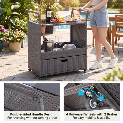 Dreamade Rolling Wicker Cart W/Shelves and Big Drawer for Dining Room