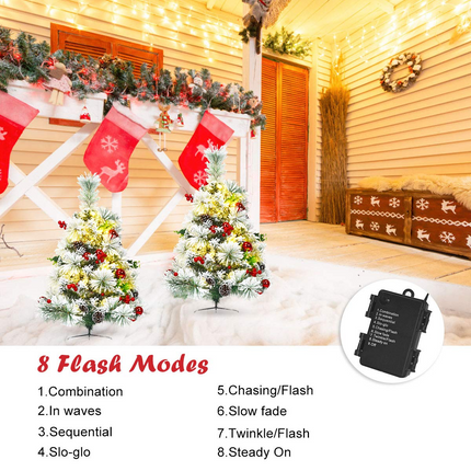 Dreamade 2FT Pathway Christmas Trees Set of 2, Pre-Lit Snow Flocked Xmas Trees with 30 Warm White LED Lights - DreamadeUS