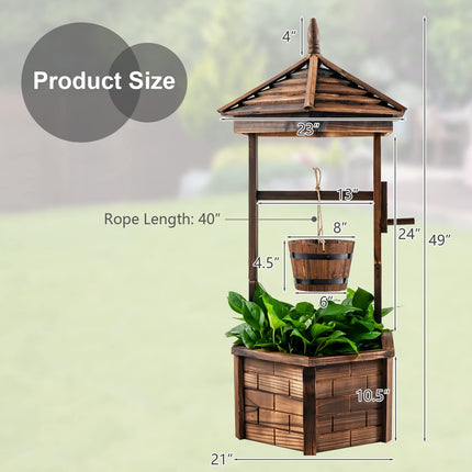 Dreamade Rustic Wooden Wishing Well Planter with Hanging Bucket, Roof Shadow