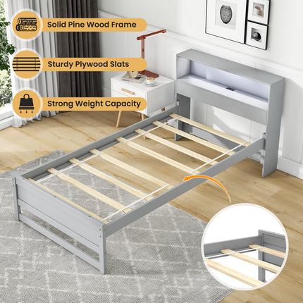 Dreamade Twin Bed Frames with Storage Headboard, Wood Platform Bed with Charging Station & LED Light