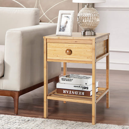 Dreamade Nightstand Bamboo Bedside Table with Drawer, Open Shelf, Multifunctional Side Table