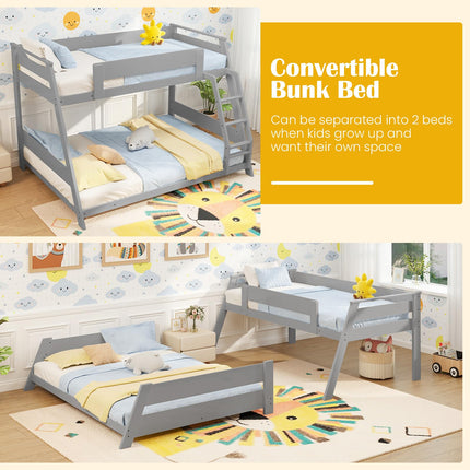 Dreamade Wood Bunk Beds Twin Over Full Size, Solid Wood Floor Low Bunk Bed w/Removable Ladder