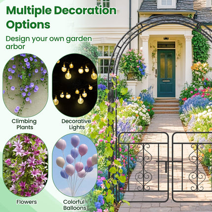 Dreamade Garden Arbor with Gate, 84" H x 54" W Metal Arch Trellis for Climbing Plants Rose Vines