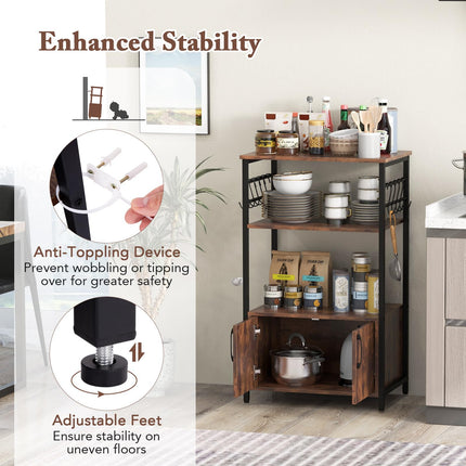 Dreamade Kitchen Bakers Rack with Storage, 3-Tier Industrial Microwave Stand with Open Shelves and 10 Removable S-Shaped Hooks