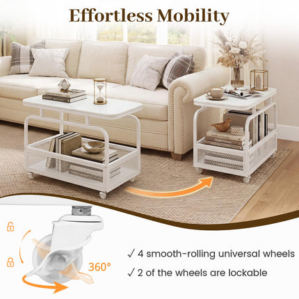 Dreamade Rolling Side Table | 2-Tier End Table with Mesh Storage Basket (1/2)