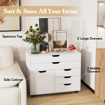 Dreamade File Cabinet, Rolling Lateral Filing Cabinet with 2 Large Drawers, 3 Small Drawers
