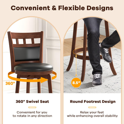 Dreamade Wood Bar Stools Set, 31" Swivel Bar Height Barstools w/Back, Rubber Wood Frame