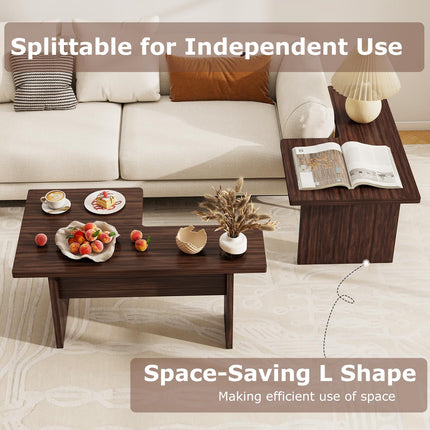 Dreamade L-Shaped Coffee Table Set of 2 Modular Nesting Center Table with Grain Finish