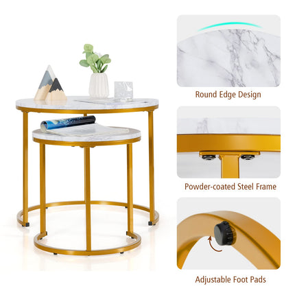 Dreamade Nesting Coffee Table Set of 2, Round Stacking Side Tables with Wooden Tabletop & Powder Coated Steel Frame