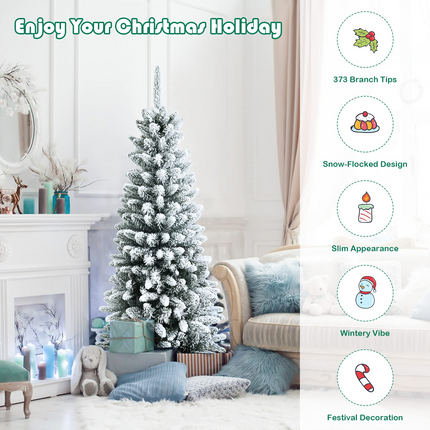 Dreamade Snow Flocked Pencil Christmas Tree, Hinged Artificial Slim Xmas Tree - DreamadeUS