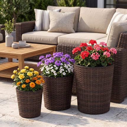 Dreamade Set of 3 Plastic Planters | 14 & 11 & 9 Inch Taper Rattan Planters with Drainage Holes and Saucers
