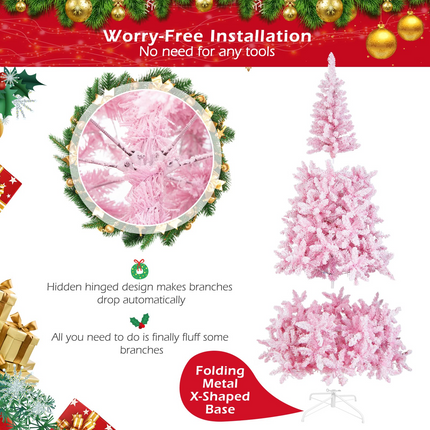 Dreamade 7.5ft Pink Pre-Lit Christmas Tree, Hinged Artificial Snow Flocked Xmas Tree with 1100 PVC Branch Tips, 450 LED Lights - DreamadeUS