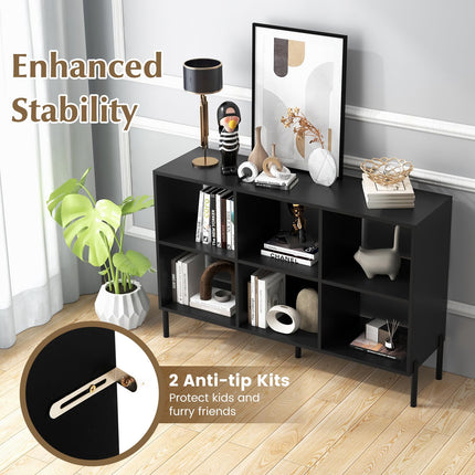 Dreamade 6 Cube Bookcase, 3-Tier 47" Long Wood Bookshelf w/ 5 Metal Legs, Adjustable Shelf, Anti-toppling Device