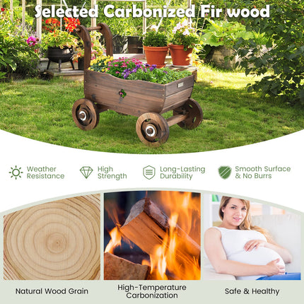 Dreamade Wooden Wagon Planter Raised Bed on Wheels, Handle, Drainage Hole