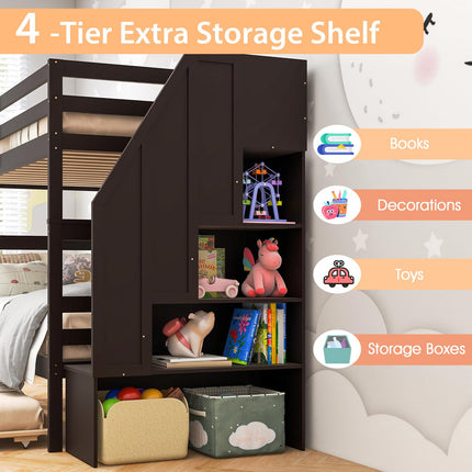 Dreamade Twin Over Twin Bunk Bed with Trundle and Storage Stairs, Solid Wood Bunk Bed Convertible 3 Bed Frames for Bedroom