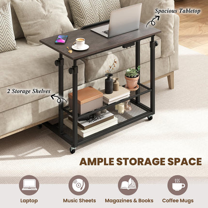 Dreamade Adjustable Rolling Computer Desk with Tilting Desktop and Storage Shelves
