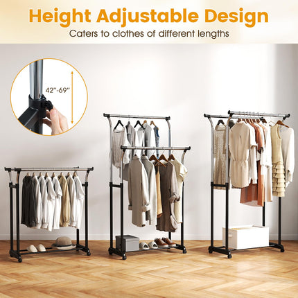 Dreamade Double Rod Clothing Rack with Adjustable Height & Wheels