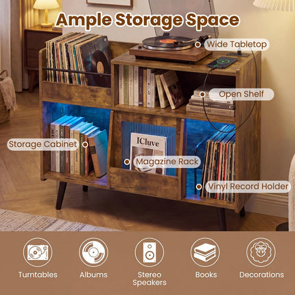Dreamade Large Record Player Stand with LED Light& Sliding Door