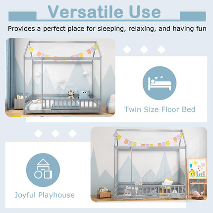 Dreamade Twin Floor Bed with Fence, Wood Montessori Bed with Safety Guardrails and 80.5" High Roof Design