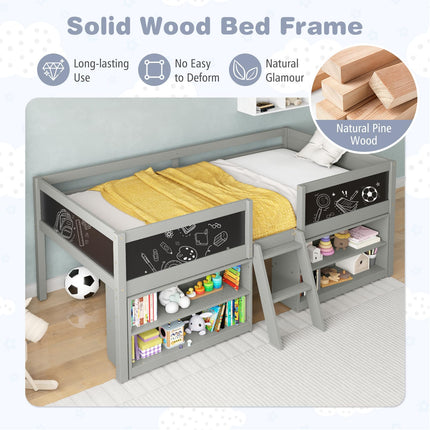 Dreamade Low Loft Bed Twin Size, Wooden Loft Bed with Ladder & Blackboard