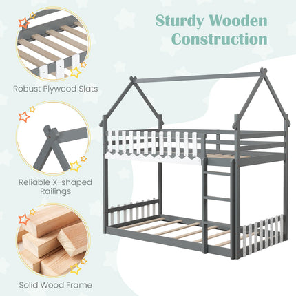Dreamade Bunk Bed Twin Over Twin, Wood House Low Bunk Bed with Ladder & Fence Safety Guardrail