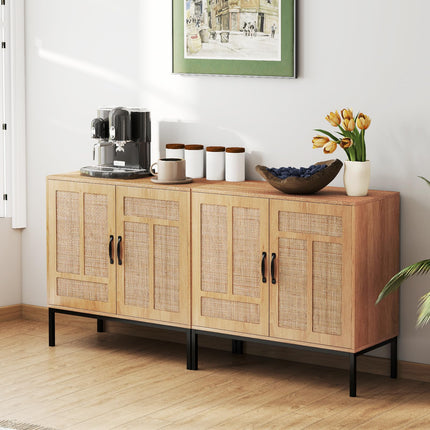 Dreamade Sideboard Cabinet Boho Rattan Buffet Cabinet with Storage Adjustable Shelves 2 Doors