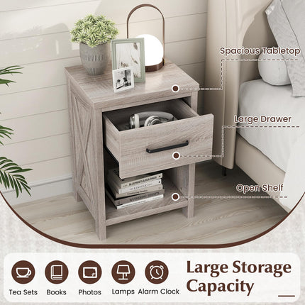 Dreamade Wooden Bedside Table with Storage Drawer and Open Shelf
