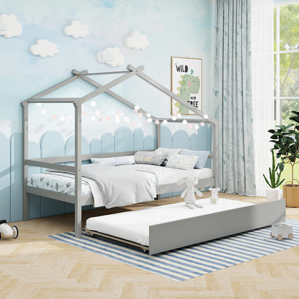 Dreamade Wood House Bed for Kids, Twin Bed Frame with Trundle Bed Twin