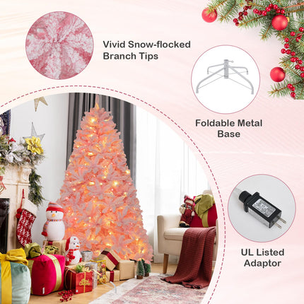 Dreamade 6FT Pink Pre-lit Christmas Tree, Hinged Snow Flocked Artificial Xmas Tree, Seasonal Holiday Decoration for Office Home