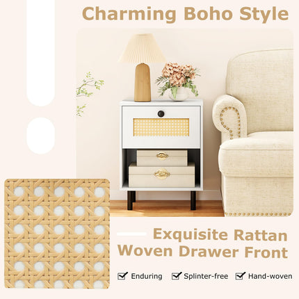 Dreamade Rattan Nightstand Boho End Table with Rattan Drawer and Open Shelf
