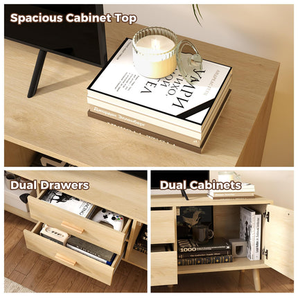 Dreamade Rattan TV Stand for TVs up to 65 Inch, 59" TV Console Cabinet with Drawers & Solid Wood Legs