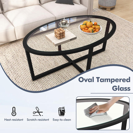 Dreamade Glass Coffee Table, 46.5" Oval Accent Sofa Tea Table with Tempered Glass Top, Cross Base & Acacia Wood Legs