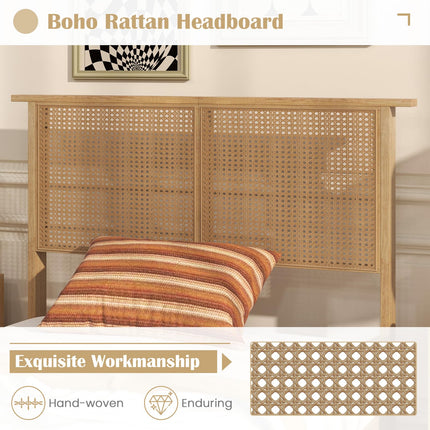 Dreamade Queen/Full/Twin Size Bed Frames with Rattan Headboard, Boho Solid Wood Platform Bed with Wooden Slats