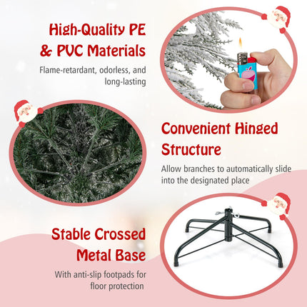 Dreamade 6ft Pre-Lit Snow Flocked Christmas Tree, Artificial Hinged Full Xmas Tree with 519 PVC & Pine Needles